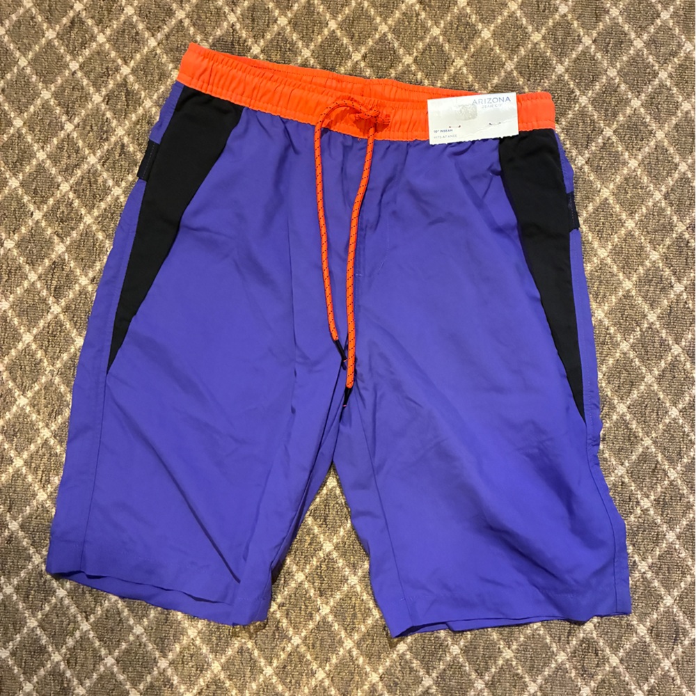 Men's Arizona  Purple and Black Shorts with Orange Accents, Size Small